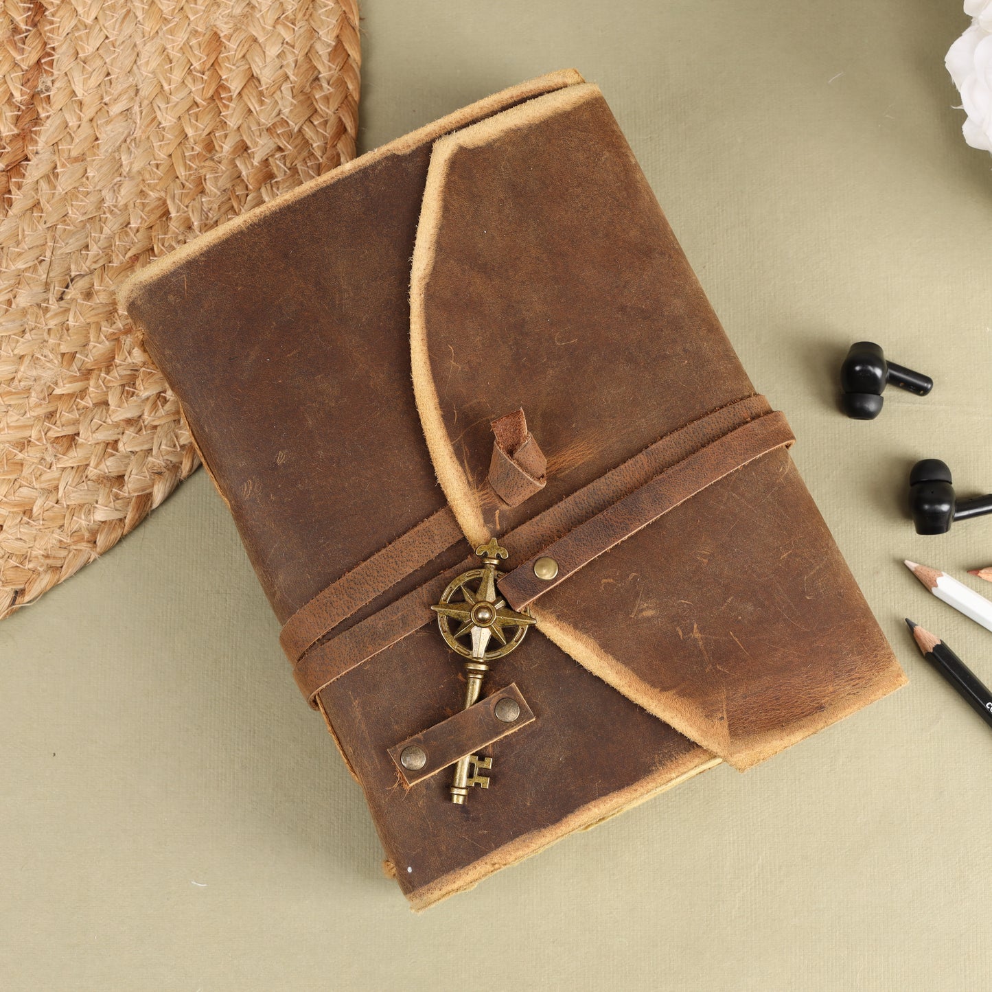 Vintage Leather Bound Grimoire Journal with Key 6*8 Size
