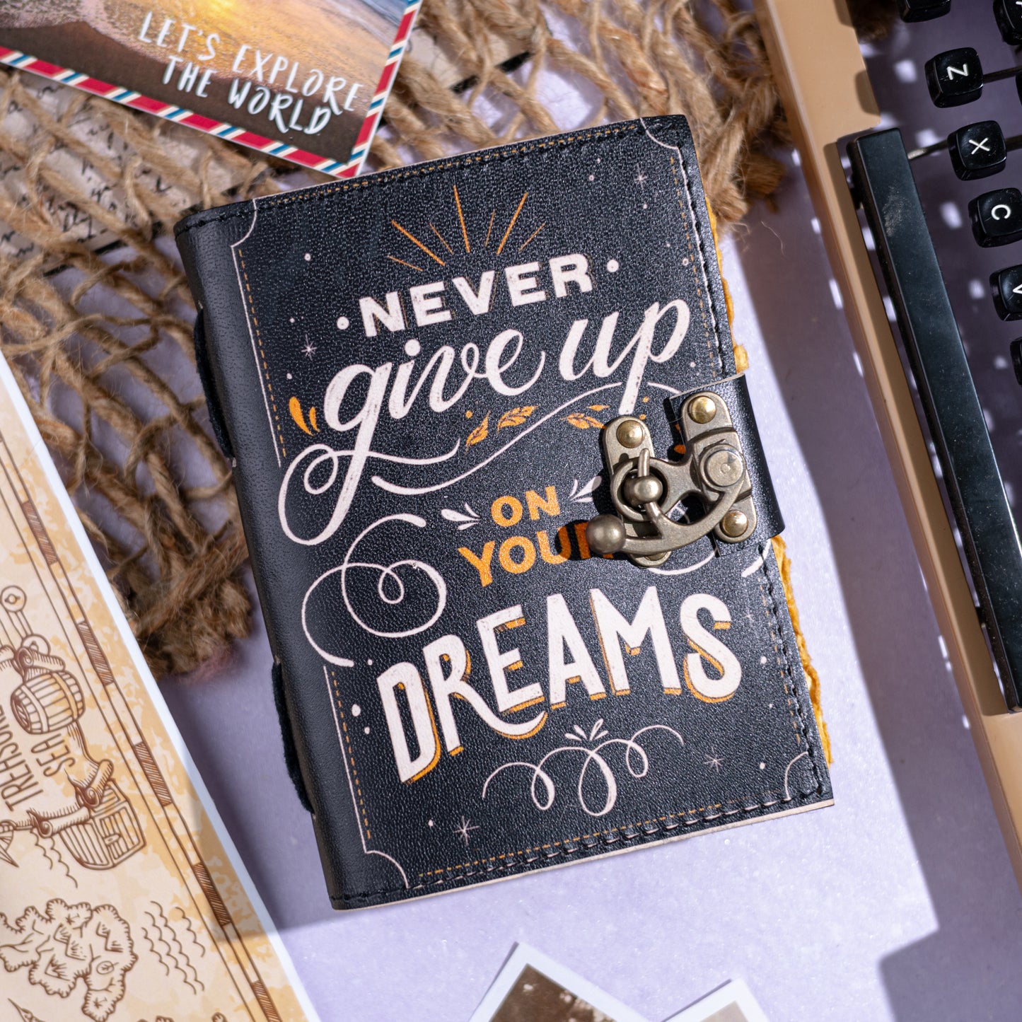 Vintage Leather Bound Diary with Quote Print