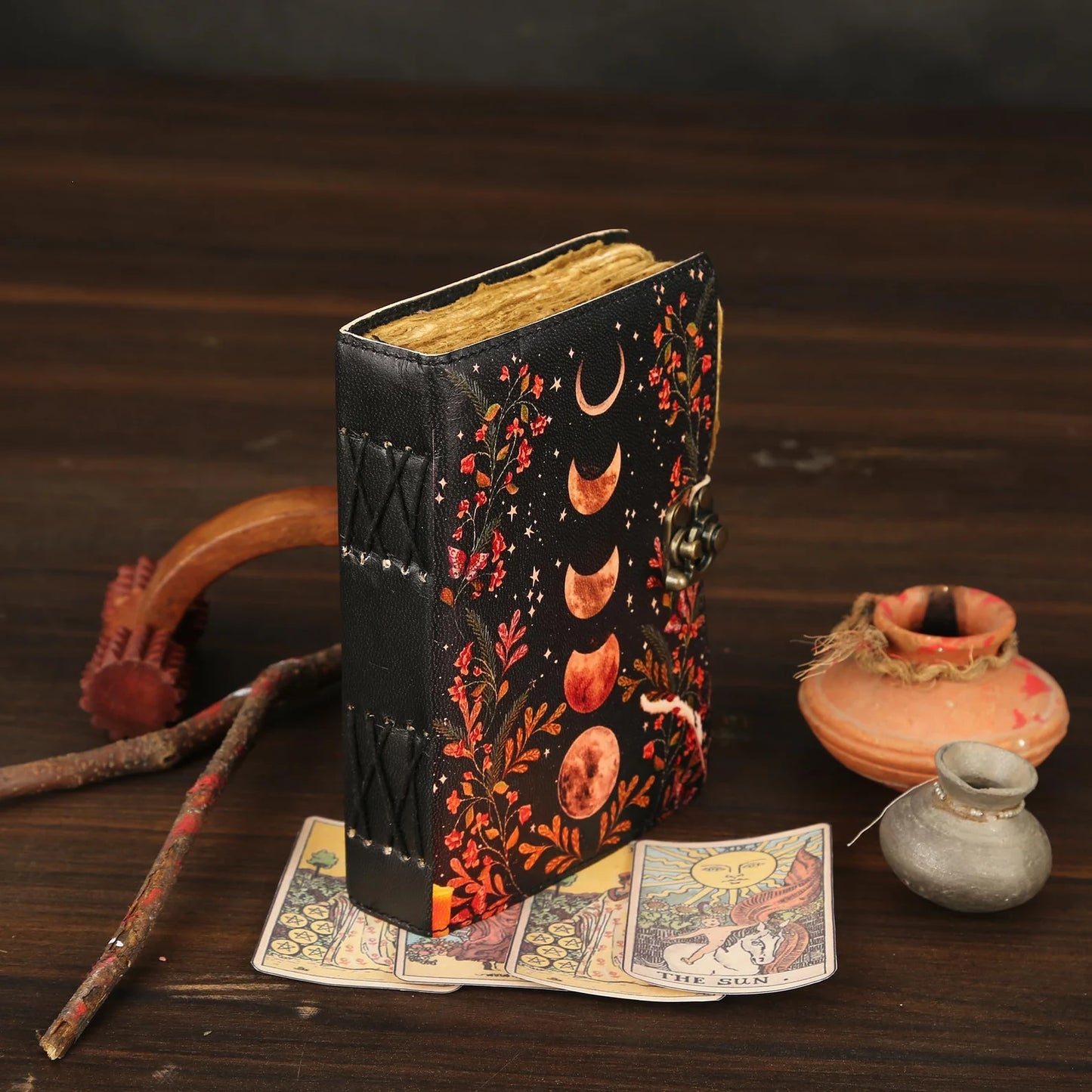 Leather Journal Blank Vintage Notebook with Moon Print
