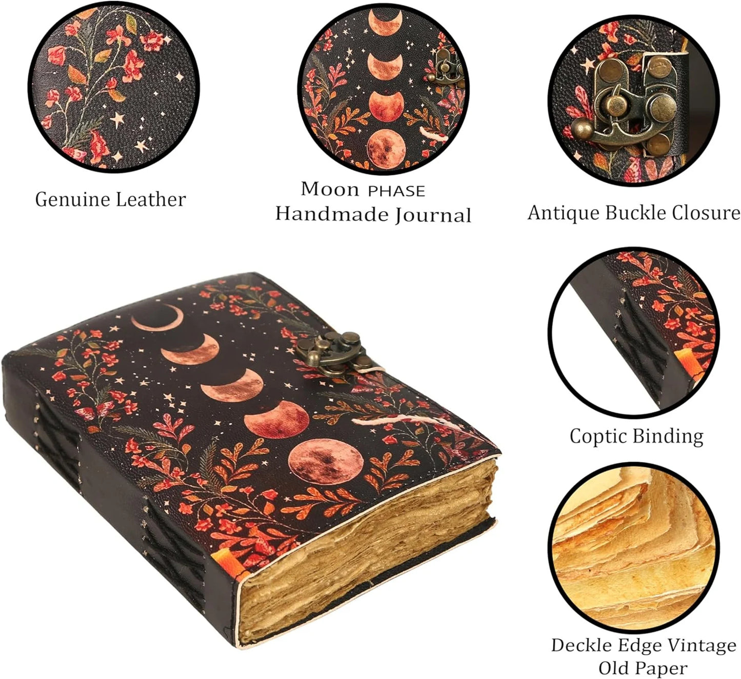 Leather Journal Blank Vintage Notebook with Moon Print