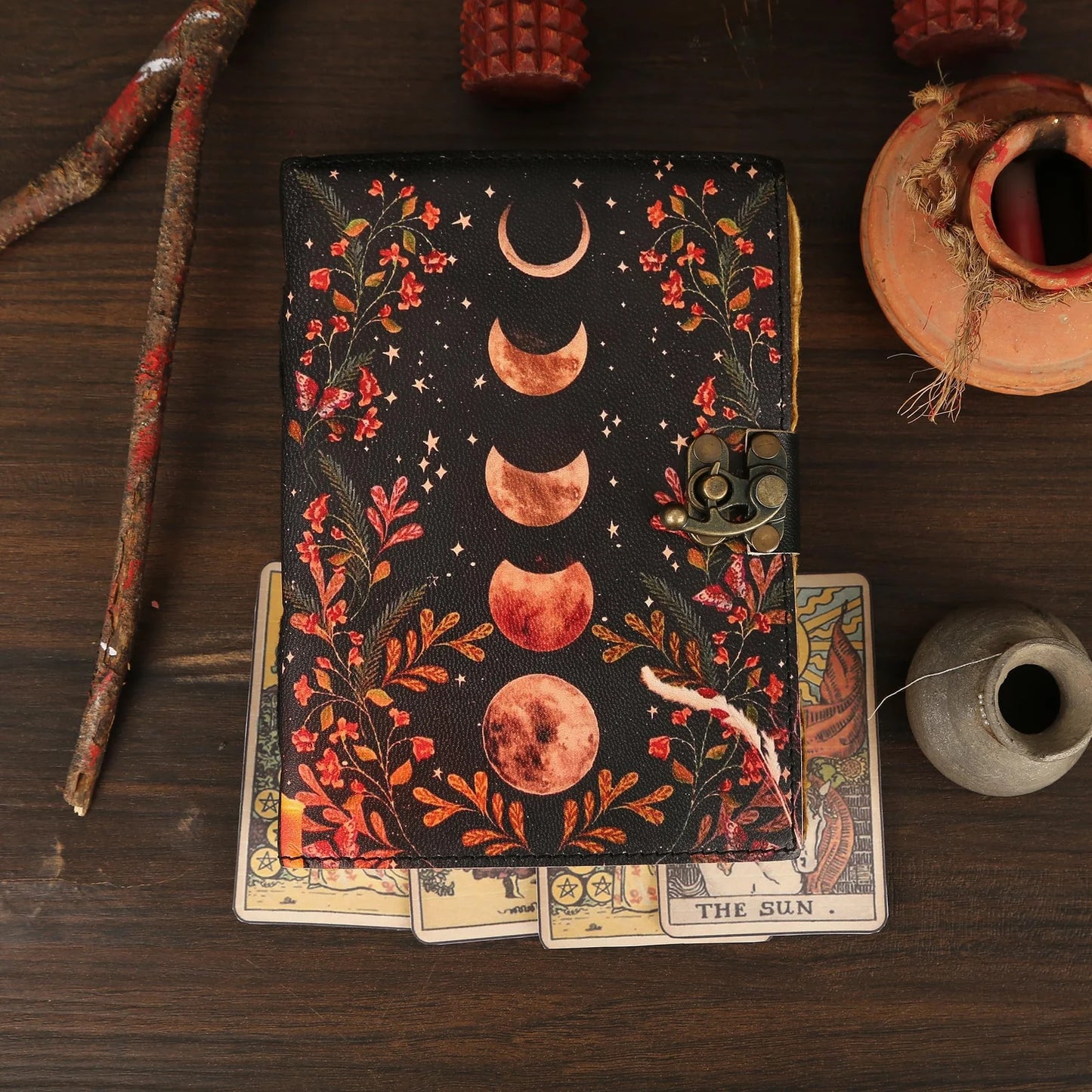 Leather Journal Blank Vintage Notebook with Moon Print