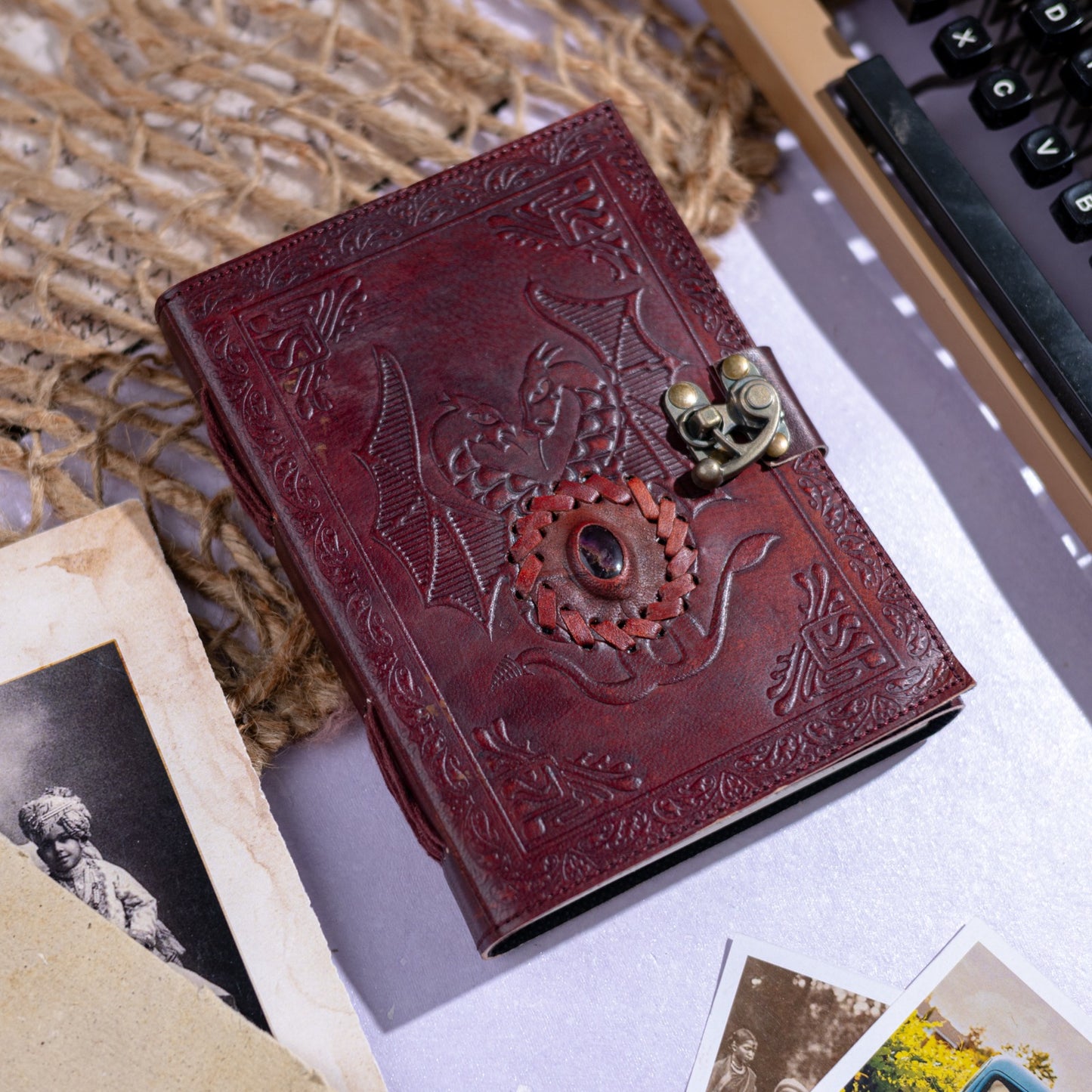 Leather Journal with Stone Dragon Embossed Travel Journal 