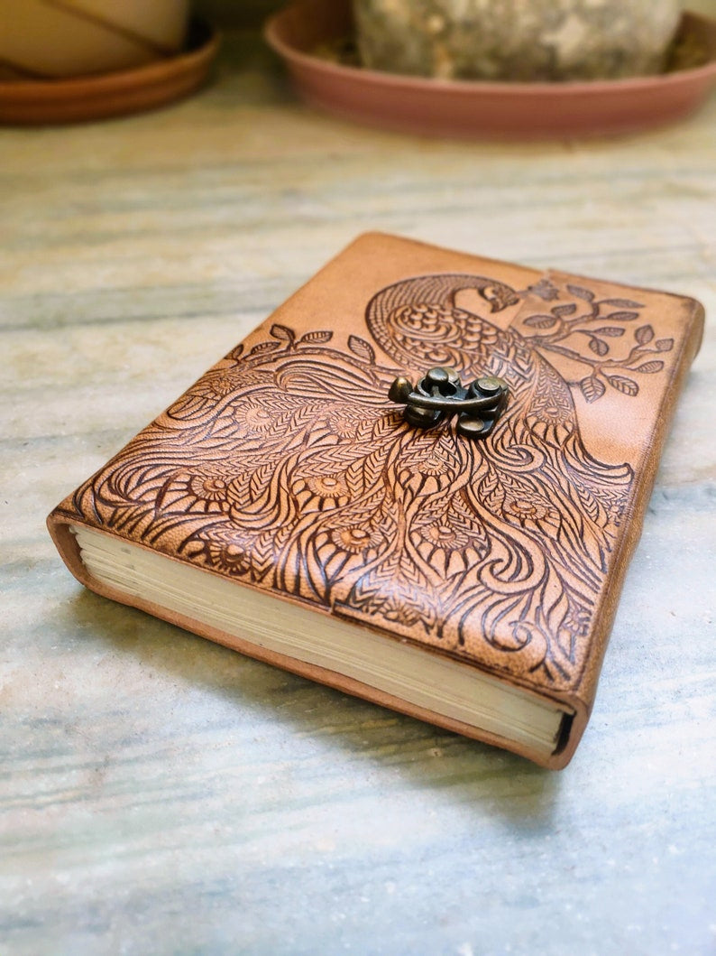 Peacock Embossed Leather Journal diary with 200 pages